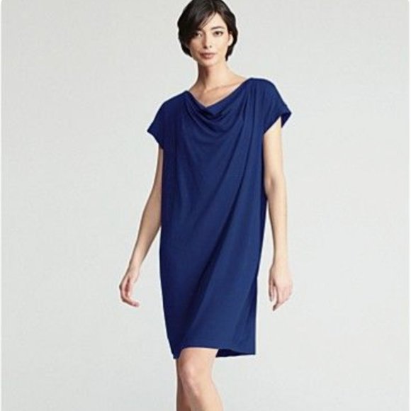 Eileen Fisher Navy Blue Bonnet Drape Front Jersey Cap Sleeve Above Knee Dress S - Picture 1 of 11